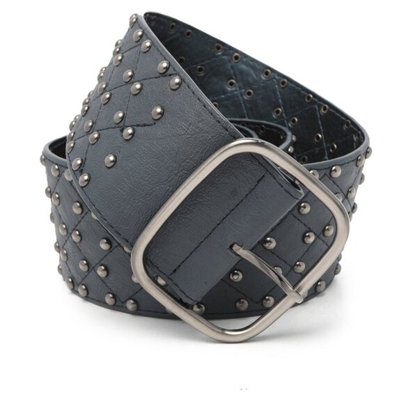 Wide Faux Leather Studded Belt Navy Steel Blue Silver Club Retro Vegan Hip - Picture 2 of 12